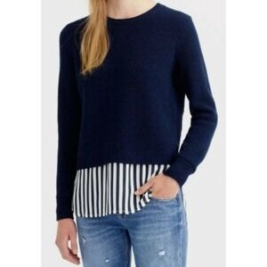 J. Crew Women's‎ Navy 100% Wool Crewneck Sweater Striped Silk Shirttail Size XS